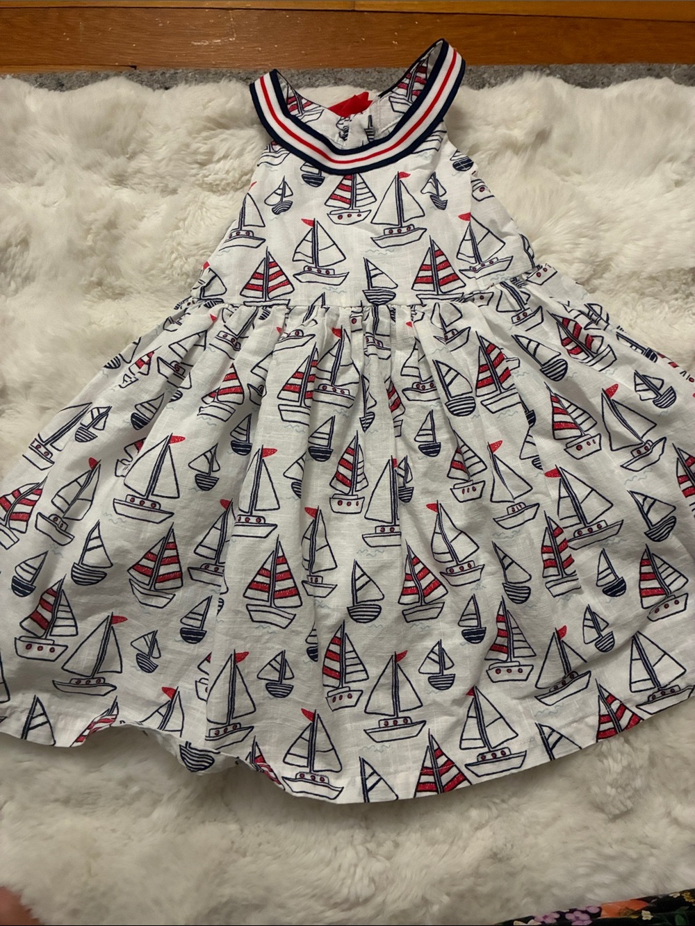 Little Me White Navy Red Sailboat Print Dress